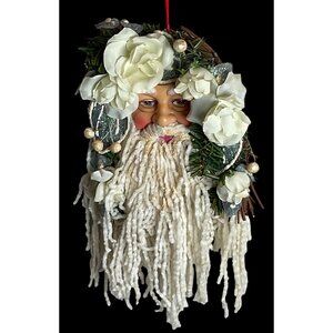 Vtg. Handmade Santa Claus Face Christmas Wreath Decor White Flowers Yarn Beard